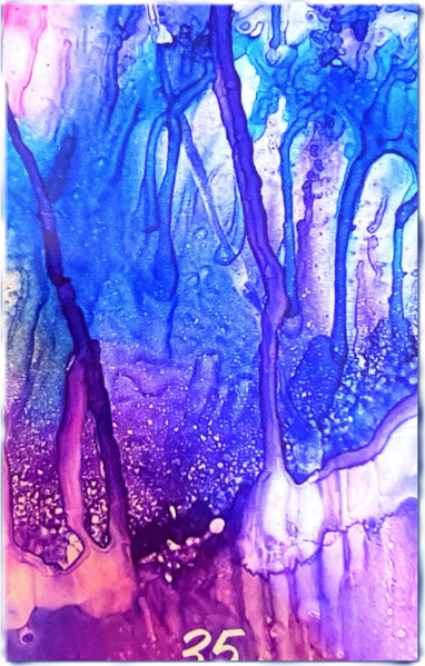 Stormwalker Medicine card 35 featuring a purple and blue ink-drip painting