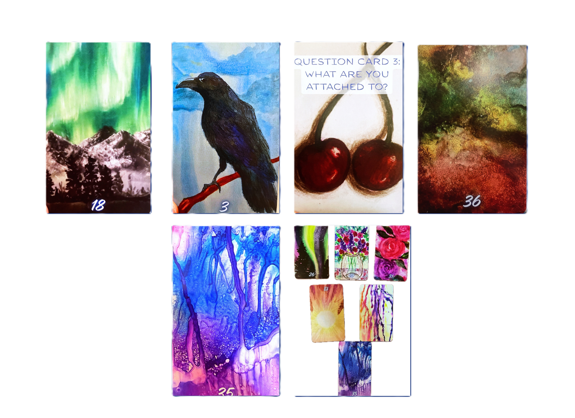 A selection of Stormwalker Medicine cards including mountains beneath an aurora, a crow, a question card, a luminous forest path, and an ink-drip painting