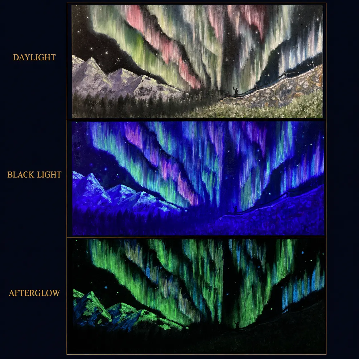 The Witness original oil painting shown in daylight, under black light, and in its lingering afterglow
